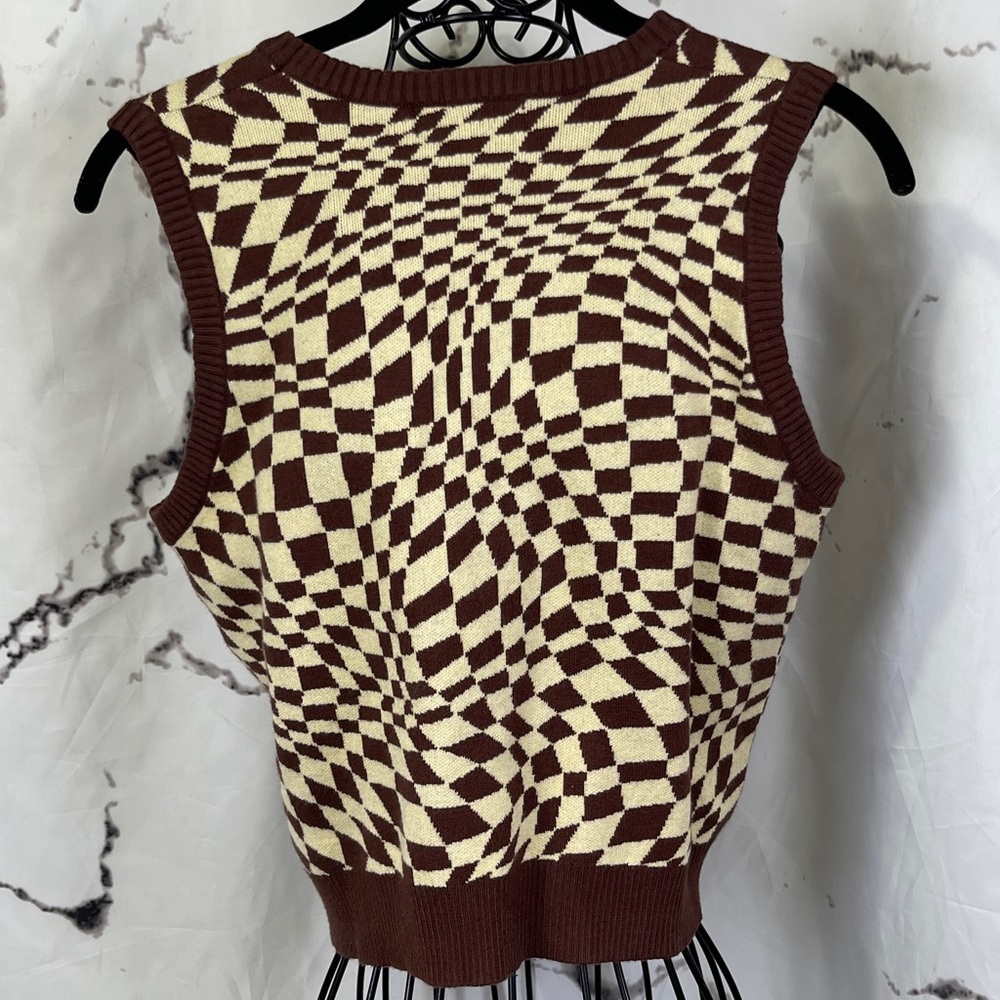 Motel Rocks Gaira Knit Vest Sweater Brown Cream Square Flag Crewneck Sleeveless - Picture 7 of 9